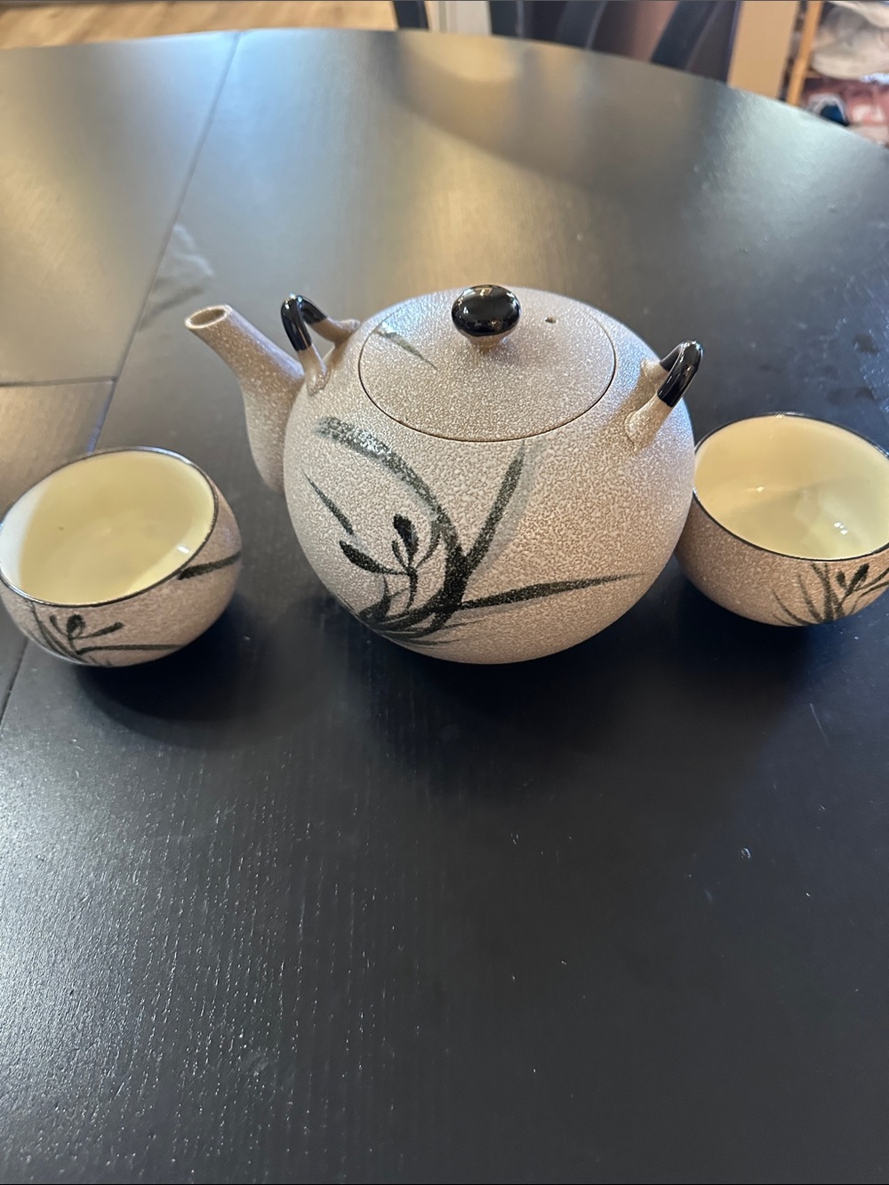 Ceramic Teapot and Cups Set in Speckled Beige with Black Brushstroke Design